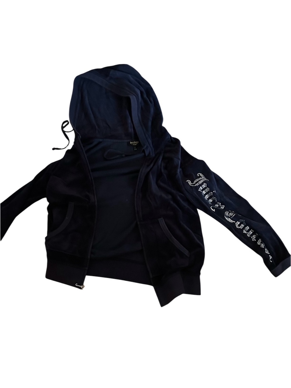 Juicy Couture Navy Velour Hoodie with Rhinestone Sleeve Logo